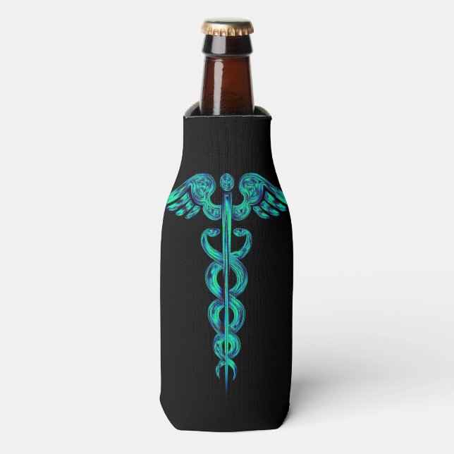 Nurse Doctor Caduceus Medical Turquoise Black Bottle Cooler (Bottle Front)