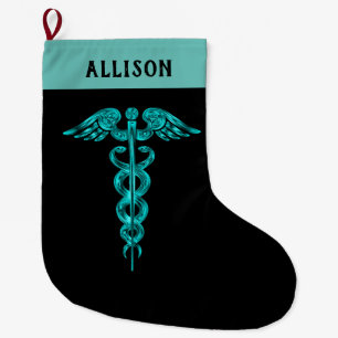 Nurse Doctor Caduceus Symbol Turquoise Black Large Christmas Stocking
