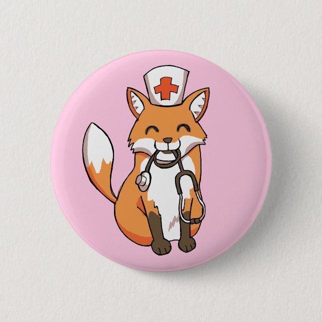 Nurse Doctor Fox Drawing Cute Pink Button Badge (Front)