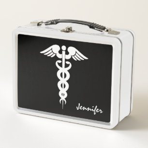 Nurse Doctor Medical Caduceus Black White Custom Metal Lunch Box