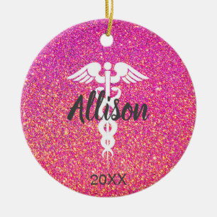 Nurse Doctor Medical Caduceus Pink Glitter Custom Ceramic Tree Decoration