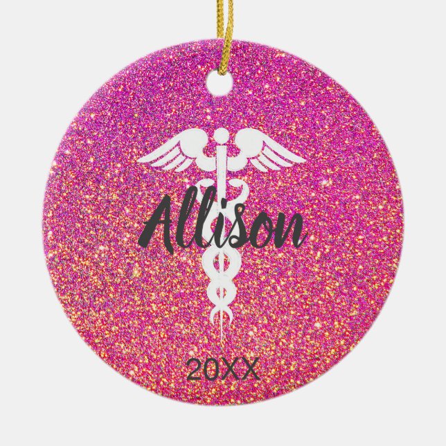 Nurse Doctor Medical Caduceus Pink Glitter Custom Ceramic Tree Decoration (Front)