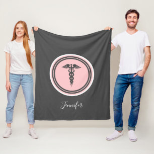 Nurse Doctor Medical Caduceus Pink Grey Name Fleece Blanket