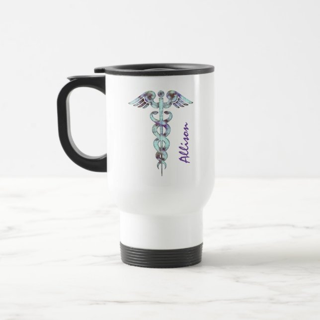 Nurse Doctor Medical Purple Caduceus Personalised Travel Mug (Left)