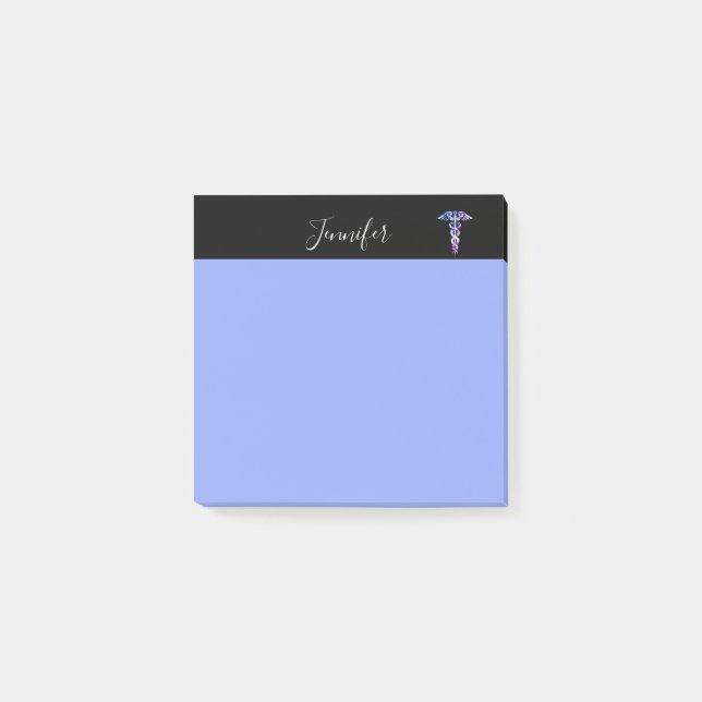 Nurse Doctor Pastel Blue Modern Caduceus Name Post-it Notes (Front)
