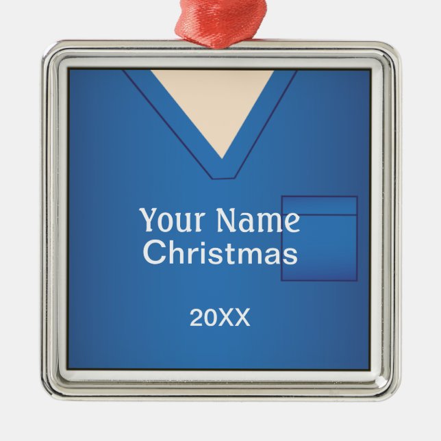 Nurse Doctor Scrubs Christmas Blue Premium 2 Metal Tree Decoration (Front)