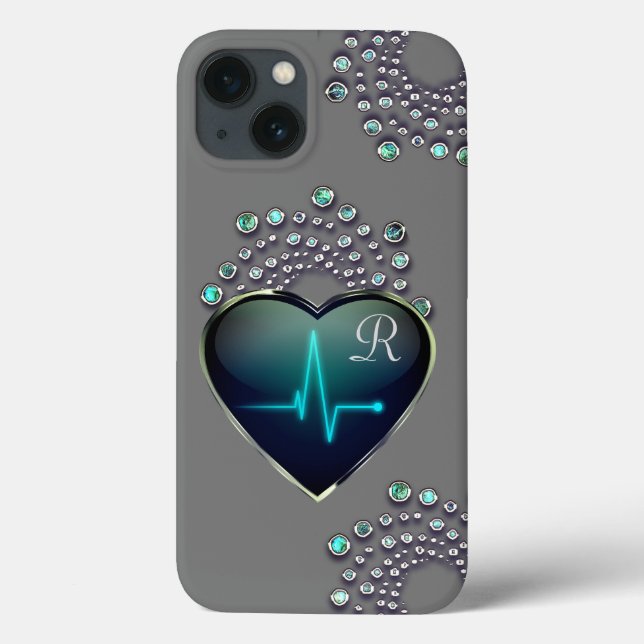 Nurse EKG heart and jewel grey black blue Case-Mate iPhone Case (Back)