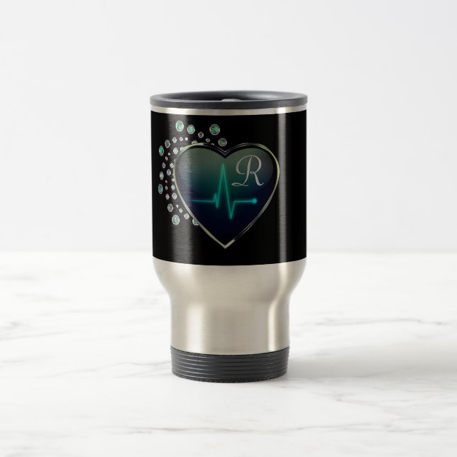 Nurse EKG heart jewel black silver blue Travel Mug (Center)
