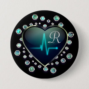 Nurse EKG heart jewel look black blue silver  7.5 Cm Round Badge