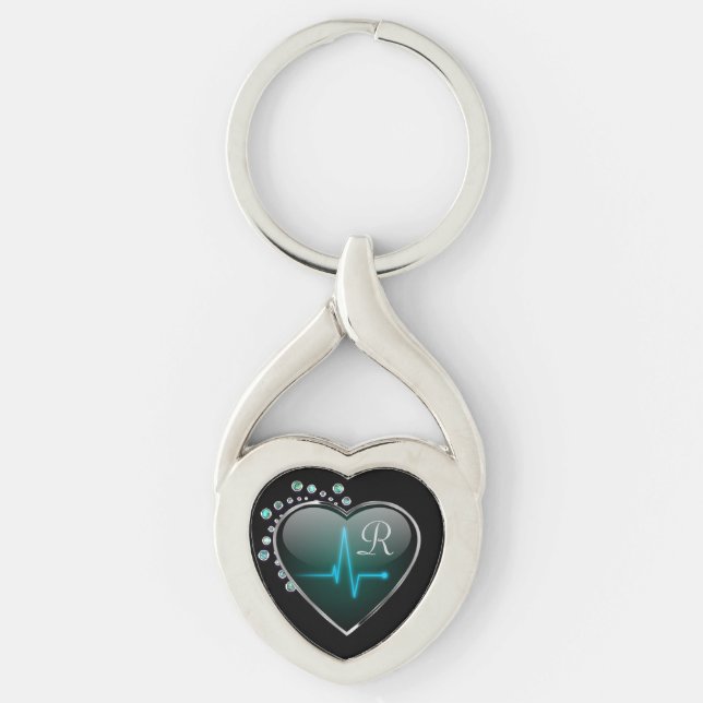 Nurse EKG  heart line jewel look black blue silver Key Ring (Front)