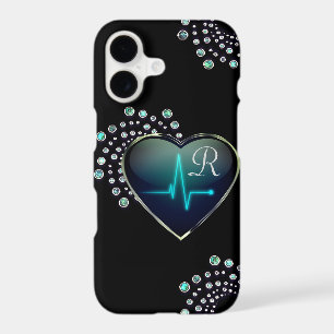 Nurse EKG line heart and jewel black blue silver
