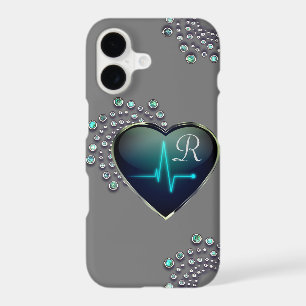 Nurse EKG line heart and jewel grey black silver