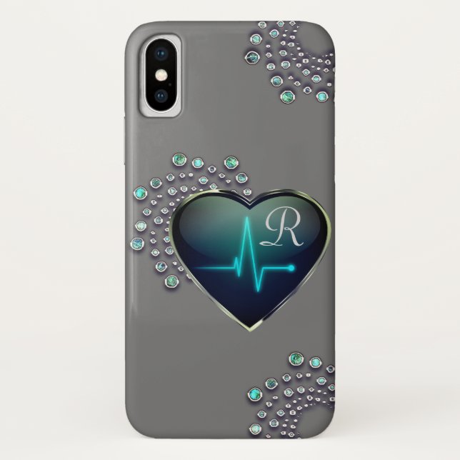 Nurse EKG line heart and jewel grey black silver Case-Mate iPhone Case (Back)