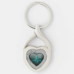 Nurse EKG line heart  jewel black silver blue Key Ring