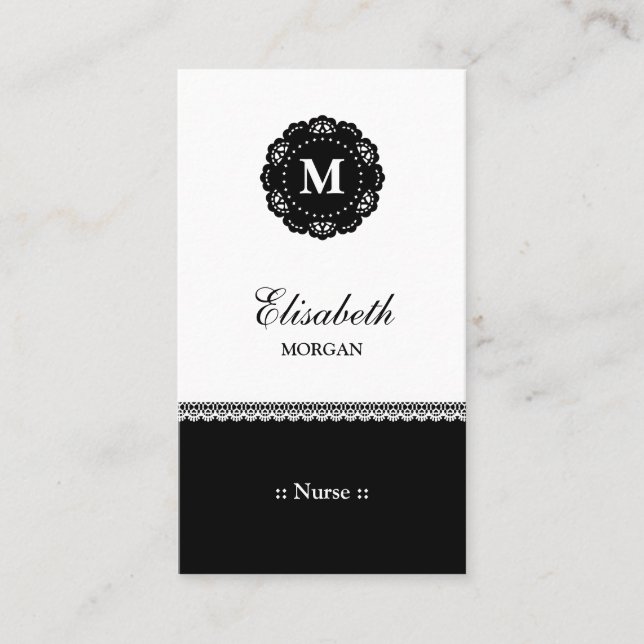 Nurse Elegant Black Lace Monogram Business Card (Front)