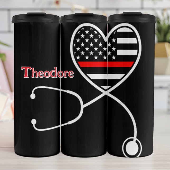 Nurse EMT Stethoscope Thin Red Thermal Tumbler (Creator Uploaded)
