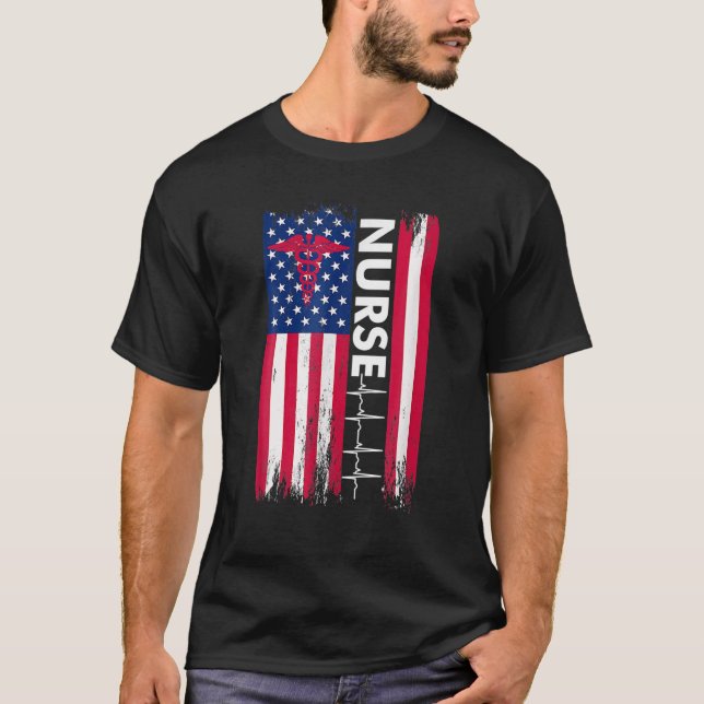 Nurse Flag Heartbeat Line USA American Heroes Nurs T-Shirt (Front)