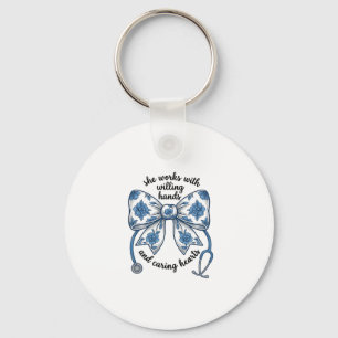 Nurse Floral Bow Stethoscope Vintage Engraving Des Key Ring
