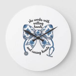 Nurse Floral Bow Stethoscope Vintage Engraving Des Large Clock