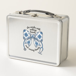 Nurse Floral Bow Stethoscope Vintage Engraving Des Metal Lunch Box