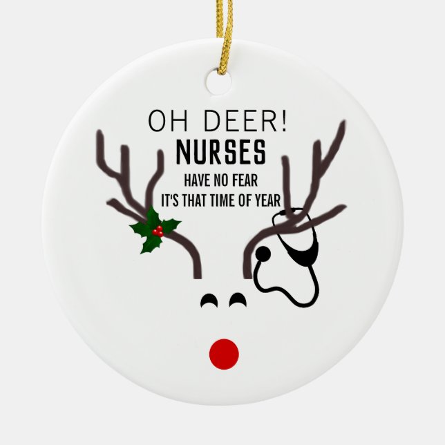 Nurse Funny Christmas Stethoscope Reindeer Ceramic Tree Decoration (Front)