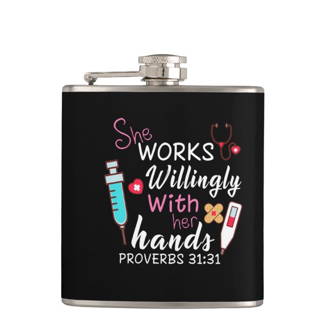 Nurse Gift | She Works Willingly Apparatus Nurse Hip Flask (Front)