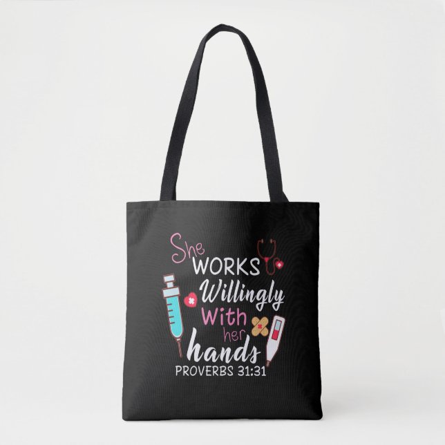 Nurse Gift | She Works Willingly Apparatus Nurse Tote Bag (Front)