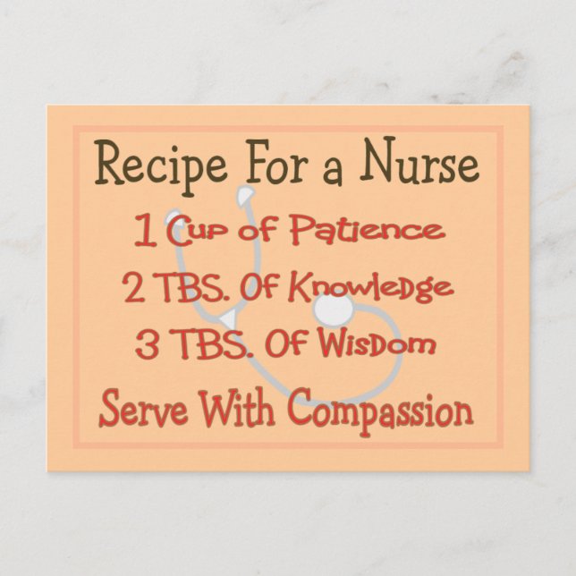 Nurse Gifts "Recipe For a Nurse" Postcard (Front)
