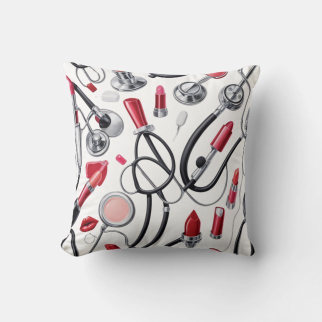 Nurse Glam – Stethoscope & Lipstick Pattern Cushion (Front)
