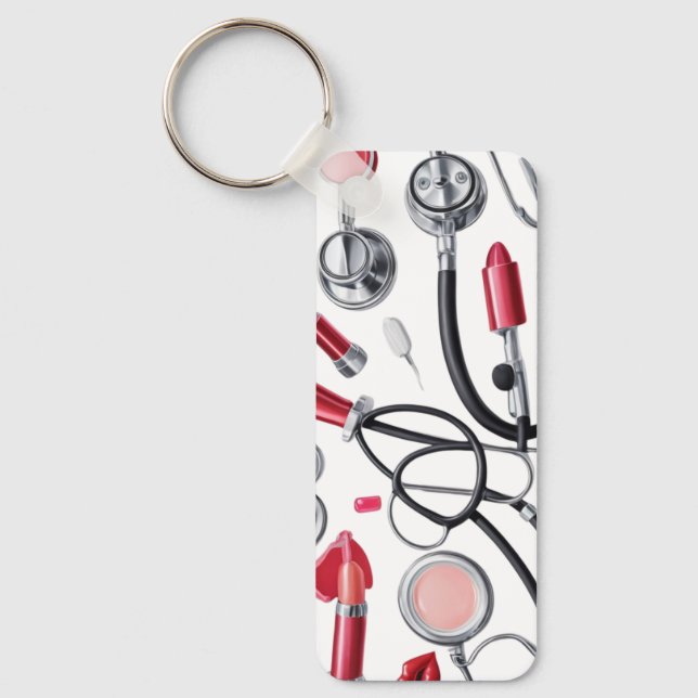 Nurse Glam – Stethoscope & Lipstick Pattern Key Ring (Front)