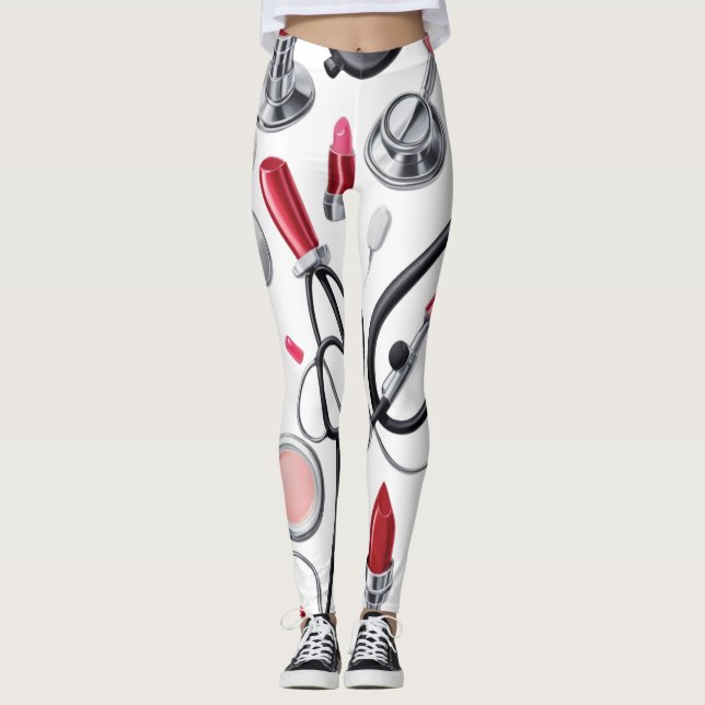 Nurse Glam – Stethoscope & Lipstick Pattern  Leggings (Front)