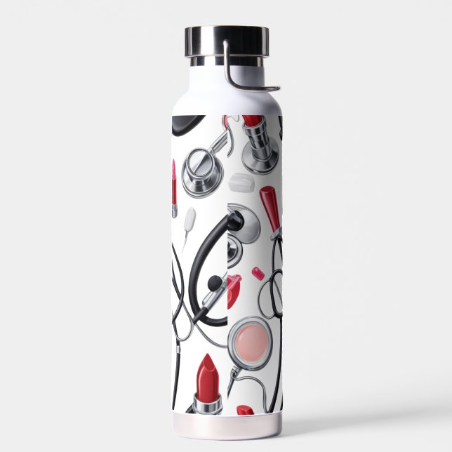 Nurse Glam – Stethoscope & Lipstick Pattern Water Bottle (Left)