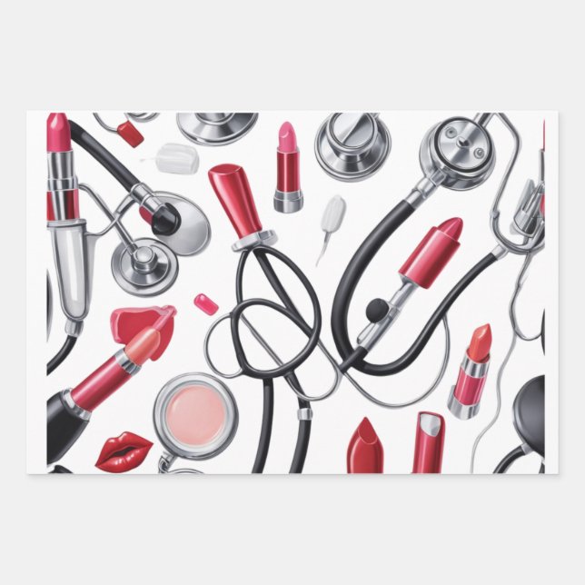 Nurse Glam – Stethoscope & Lipstick Pattern Wrapping Paper Sheet (Front 2)