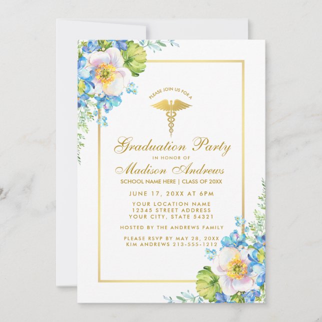 Nurse Gold Blue Floral Grad Party Invitation (Front)