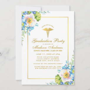 Nurse Gold Blue Floral Grad Party Invitation