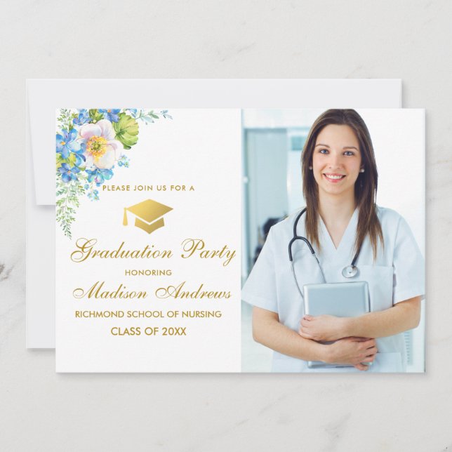 Nurse Gold Blue Floral Grad Party Invite (Front)