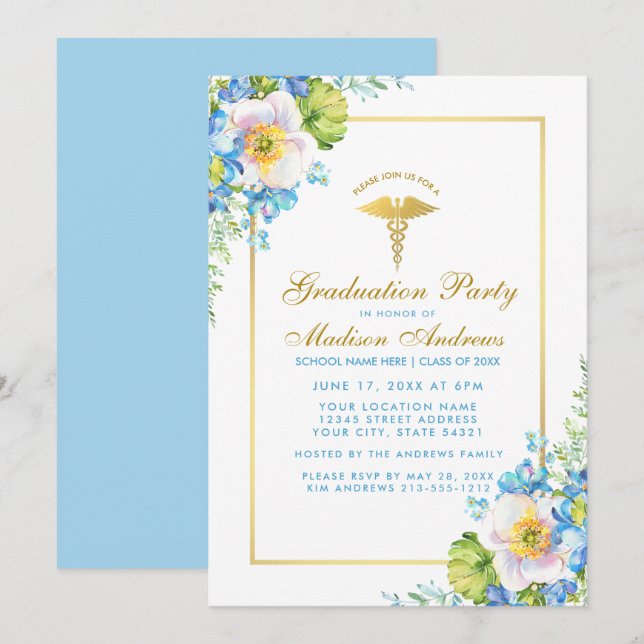 Nurse Gold Blue Floral Grad Party Invite BG (Front/Back)