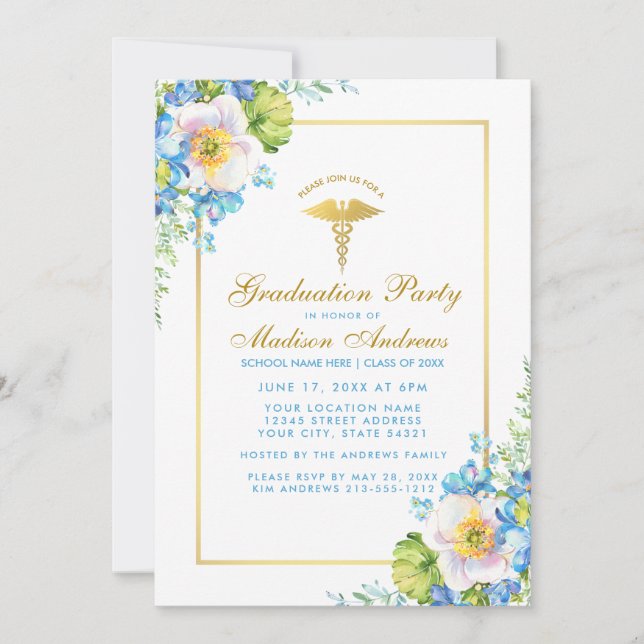Nurse Gold Blue Floral Grad Party Invite G (Front)