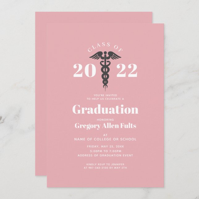 Nurse Graduation 2022 Blush Pink Caduceus  Invitation (Front/Back)