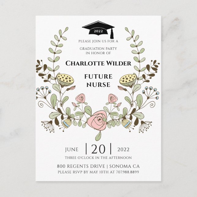 Nurse Graduation 2022 Floral Laurel Invitation Postcard (Front)
