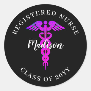 Nurse Graduation Black Pink Medical Caduceus Name Classic Round Sticker