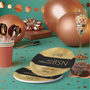 NURSE Graduation BSN Cap Topper Prsnliz Black Gold Paper Plate