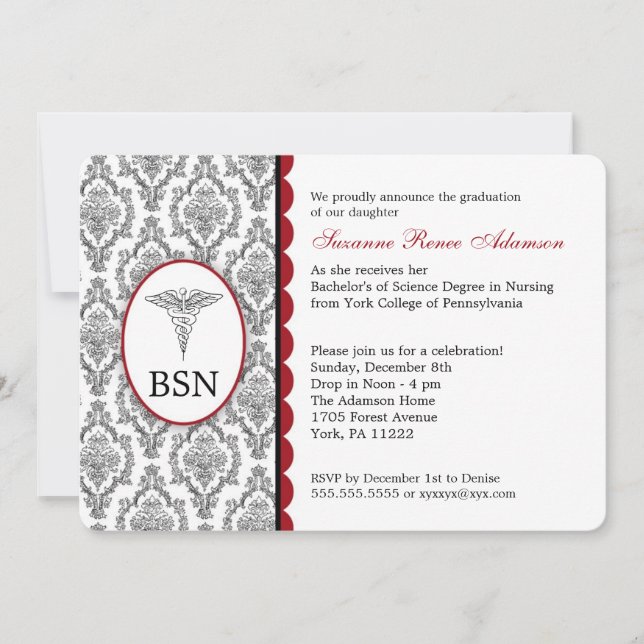 Nurse Graduation BSN RN black burgundy damask Invitation (Front)