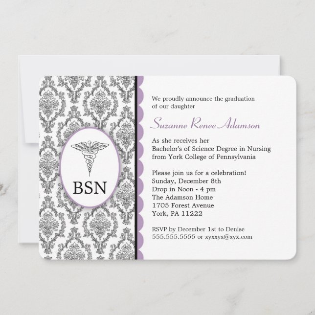 Nurse Graduation BSN RN black lavender damask Invitation (Front)