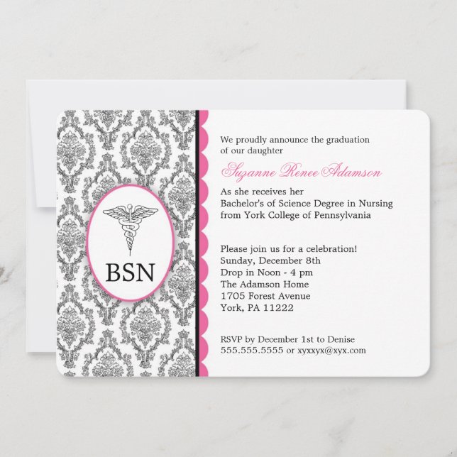Nurse Graduation BSN RN CUSTOMIZABLE black pink Invitation (Front)