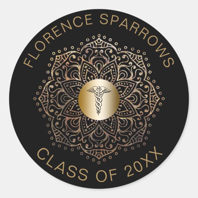 Nurse Graduation Caduceus Black Gold Classic Round Sticker (Front)