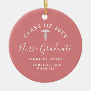 Nurse Graduation Caduceus Pink Keepsake Monogram Ceramic Tree Decoration