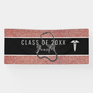 Nurse Graduation Caduceus Rose Gold Glitter Banner