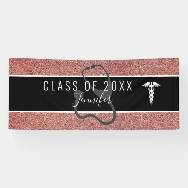 Nurse Graduation Caduceus Rose Gold Glitter Banner (Horizontal)
