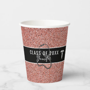 Nurse Graduation Caduceus Rose Gold Glitter Name Paper Cups